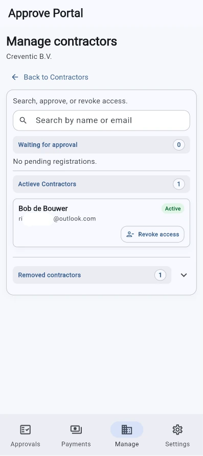 Approve Portal contractors beheren scherm